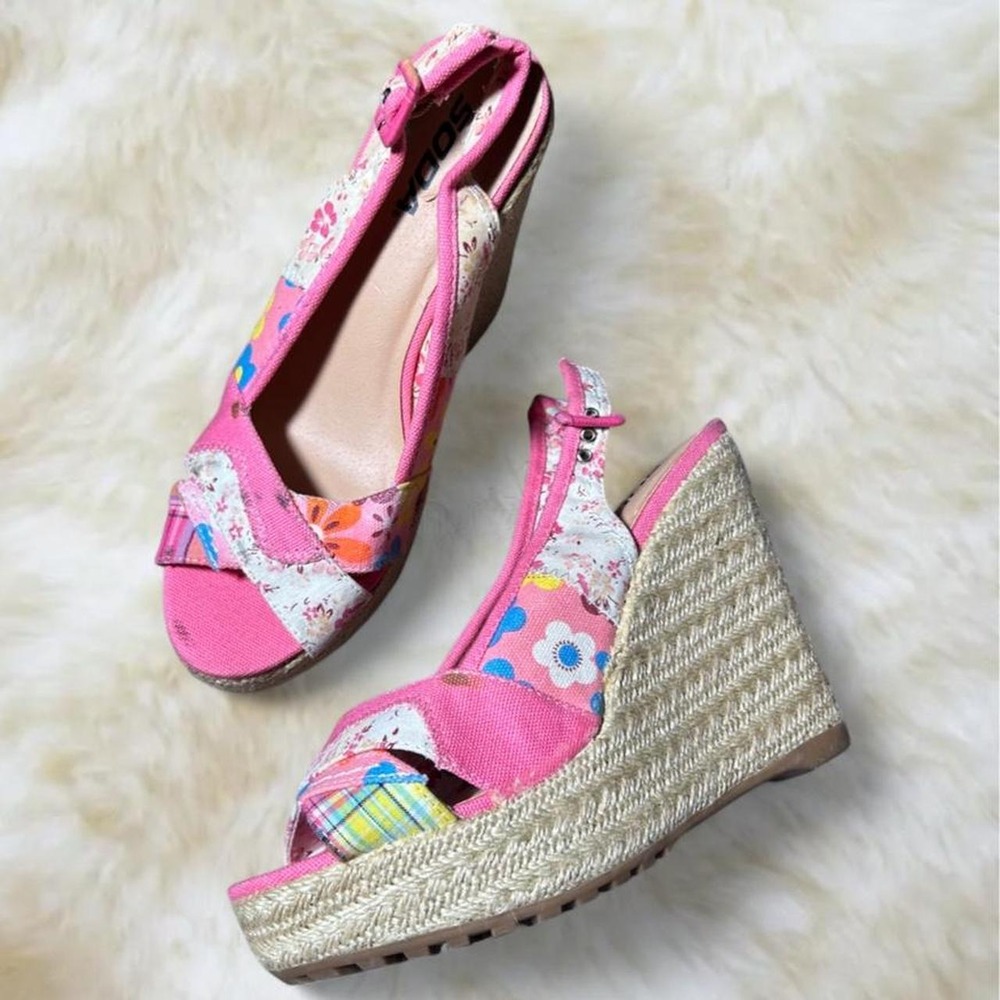 Soda Pink Floral Patchwork Espadrille Y2K Platform Wedges Sandals Womens 8